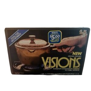 Visions 1 QT / 1 L Amber Covered Saucepan Pour New SEALED V-1-N Vintage 1984